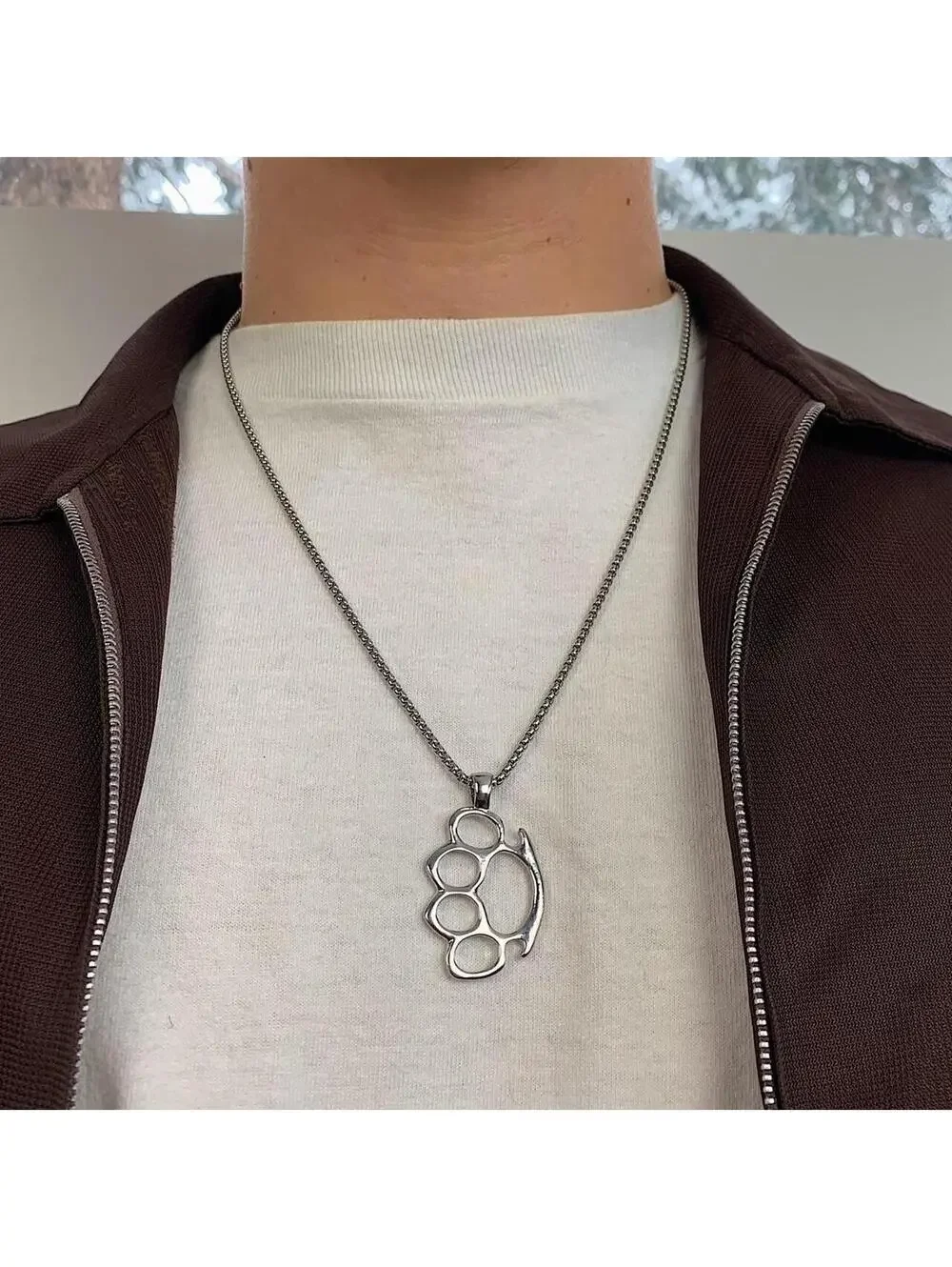 Cyber Grunge y2k Brass Knuckle Stainless Steel Silver Necklace. Chain is